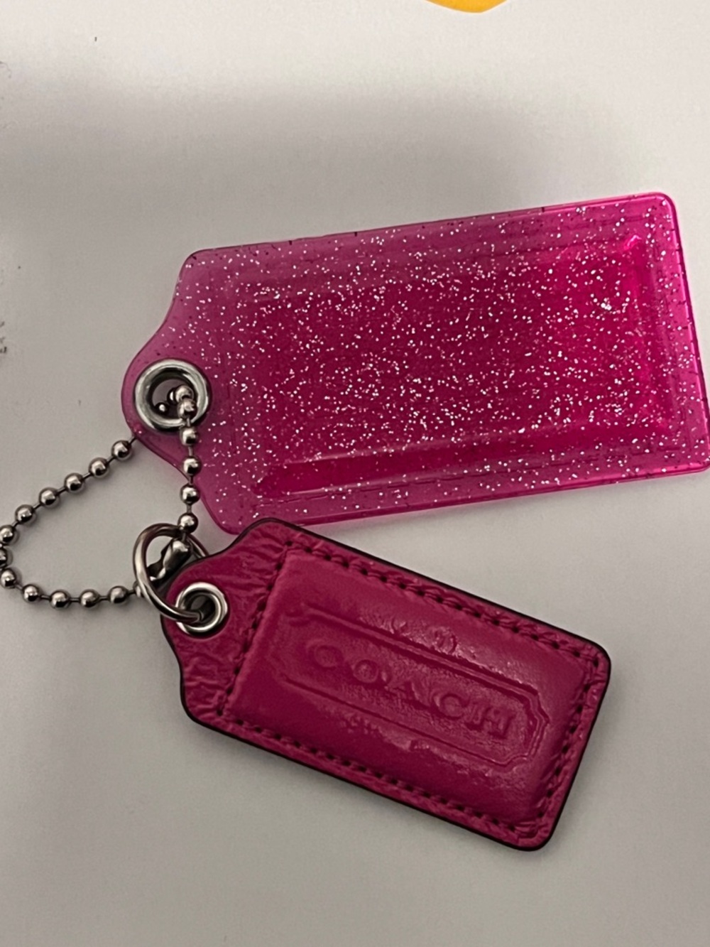 Coach Hot Pink Leather and Glitter Acrylic Key Tag Set Coach Poppy